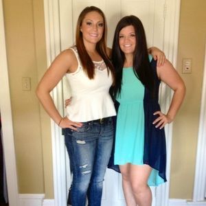 Teal/Navy color-block, sleeveless, high-low dress